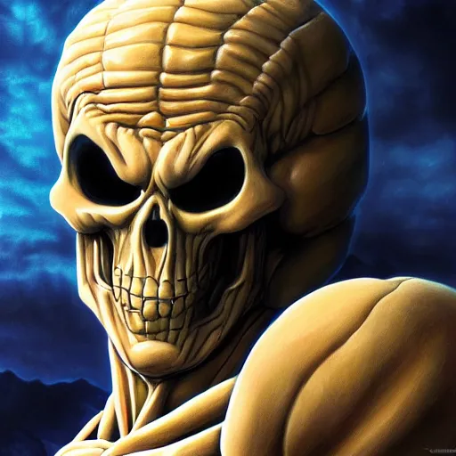 Image similar to ultra realistic portrait painting of skeletor, art by akira toriyama, 4 k, dragon ball artstyle, cel shaded, highly detailed, epic lighting