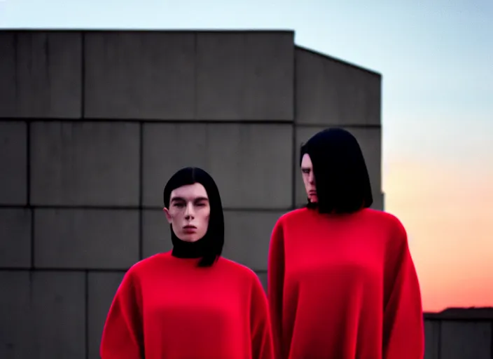 Prompt: cinestill 5 0 d closeup photographic portrait of 2 clones in front of a brutalist metal building, 2 techwear women, on a desolate plain, red sky, black oversized clothes, depth of field, 4 k, 8 k, hd, full color