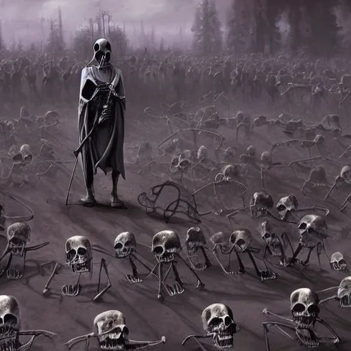 Image similar to a grim reaper, with a skeleton army, surrounded by magic, hd, by stefan koidl