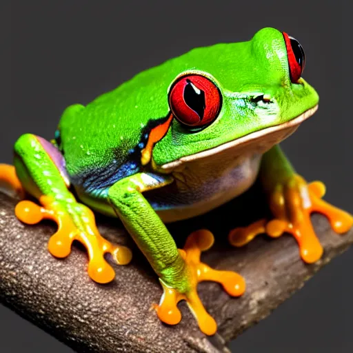 Prompt: a red - eyed tree frog with one eye, 3 d model, high quality, sharp focus, octane render