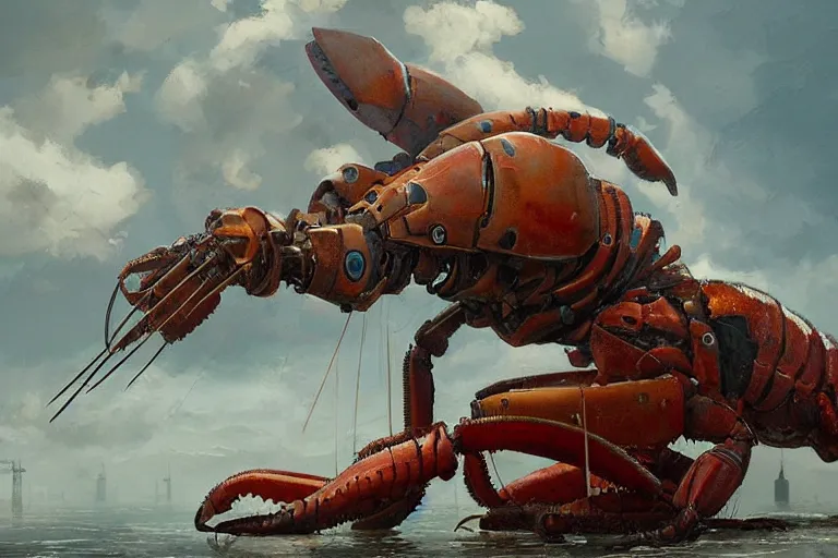 Image similar to very detailed vintage science - fiction giant robot lobster, beautiful painting, david roberts, greg rutkowski, james gurney, artstation.