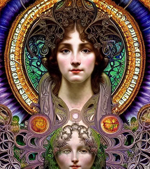 Image similar to hyperrealistic detailed face portrait of a beautiful young goddess morphing into a gothic cathedral, authentic ornamental architecture, intricate and highly detailed, awe inspiring art by ernst haeckel, h. r. giger, alphonso mucha, android jones, james jean, gothic, neo - gothic, heavily ornamental, nice deep colours,