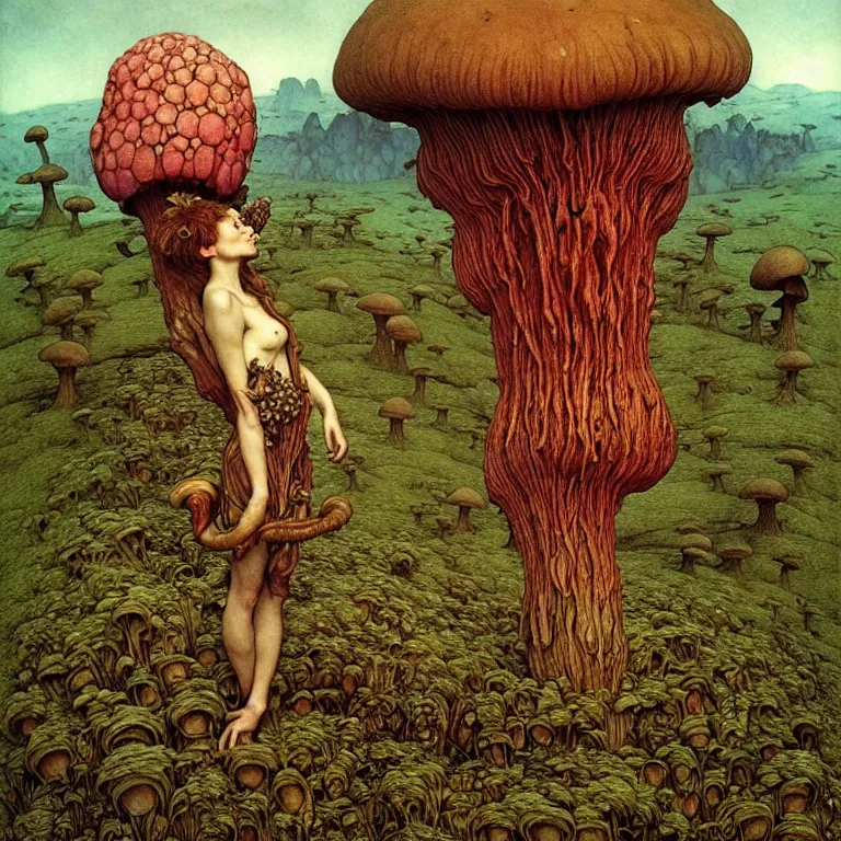 Image similar to A funguswoman stands among the mushroom hills. Wearing a fungus and mushroom. Perfect faces, extremely high details, detailed, realistic, fantasy art, solo, masterpiece, art by Zdzisław Beksiński, Arthur Rackham, Dariusz Zawadzki, Edward Robert Hughes, Eugene de Blaas, Frederic Leighton