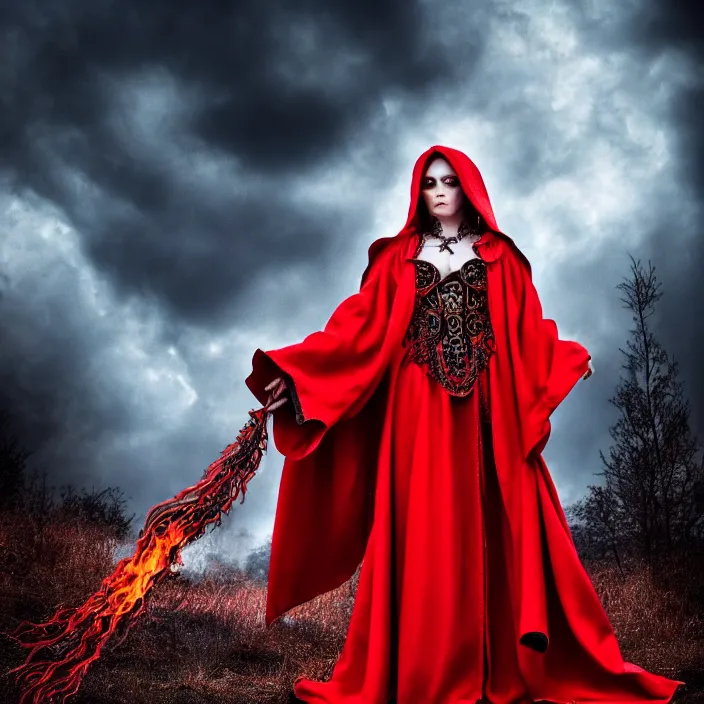 Image similar to full length photo of a very beautiful!! elemental fire witch with ornate red robes, highly detailed, 4 k, hdr, smooth, sharp focus, high resolution, award - winning photo