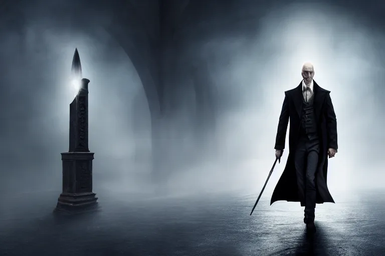 Image similar to volan de mort with shotgun, harry potter movie screenshot, symmetry, cinematic, elegant, luxury, perfect light, perfect composition, dlsr photography, sharp focus, 8 k, ultra hd, sense of awe, highly detailed, realistic, intricate