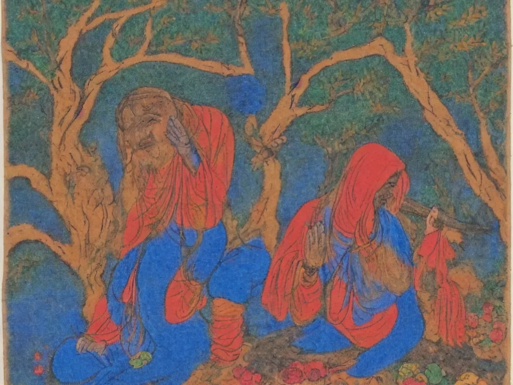 Prompt: Mystic, yogi, in trance, meditating under a tree. Indian, Pahari miniature, colorful, red, deep blue.