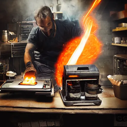 Image similar to cyborg toaster oven repairman, dark messy smoke - filled cluttered workshop, dark, dramatic lighting, orange tint, sparks, plasma rays, cinematic, highly detailed, sci - fi, futuristic, movie still