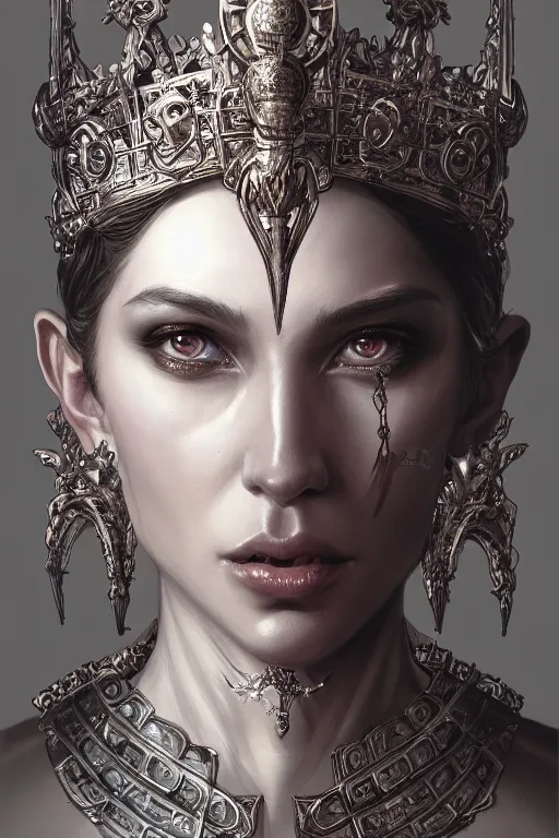 Image similar to highly detailed portrait of an elegant demon, ornate crown, beautiful symmetrical face, glowing skin, digital painting, artstation, concept art, smooth, clear focus, illustration, greg rutkowski, artgerm, global lighting, detailed and fantasy