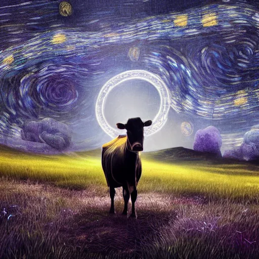 Prompt: a detailed matte painting of a cow standing in a grassy field wearing a witch hat, viewed in profile, glowing moths and fog in the background, starry night, black and blue color scheme with gold highlights, in the style of discworld and harry potter, 8 k, octane render