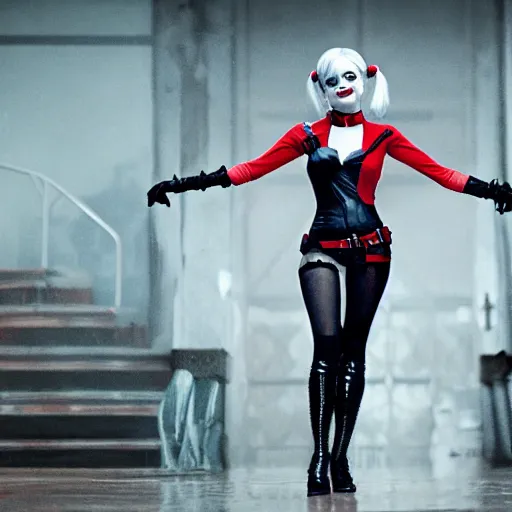 Image similar to 2B and A2 as Harley Quinn, Cinematography by Roger Deakins