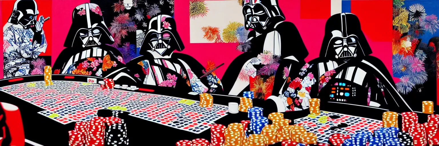 Image similar to hyperrealism composition of the detailed woman in a japanese kimono sitting at an extremely detailed poker table with darth vader and stormtrooper, fireworks on the background, pop - art style, jacky tsai style, andy warhol style, acrylic on canvas