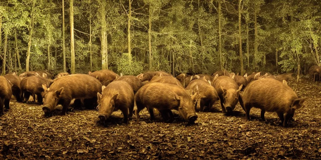 Image similar to a trap camera night photo of a big group of wild boars in a forest, real, photography