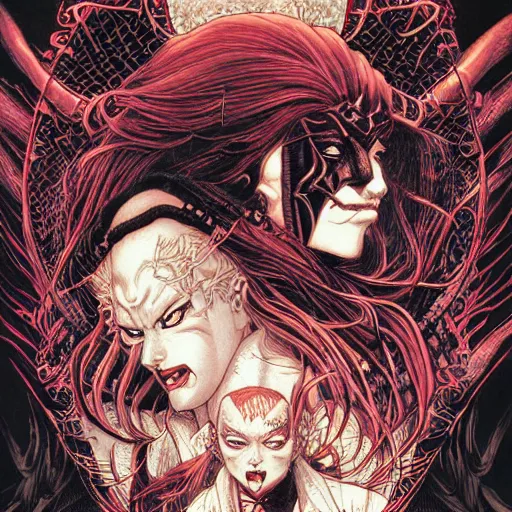 Image similar to portrait of vampire kiss, symmetrical, by yoichi hatakenaka, masamune shirow, josan gonzales and dan mumford, ayami kojima, takato yamamoto, barclay shaw, karol bak, yukito kishiro