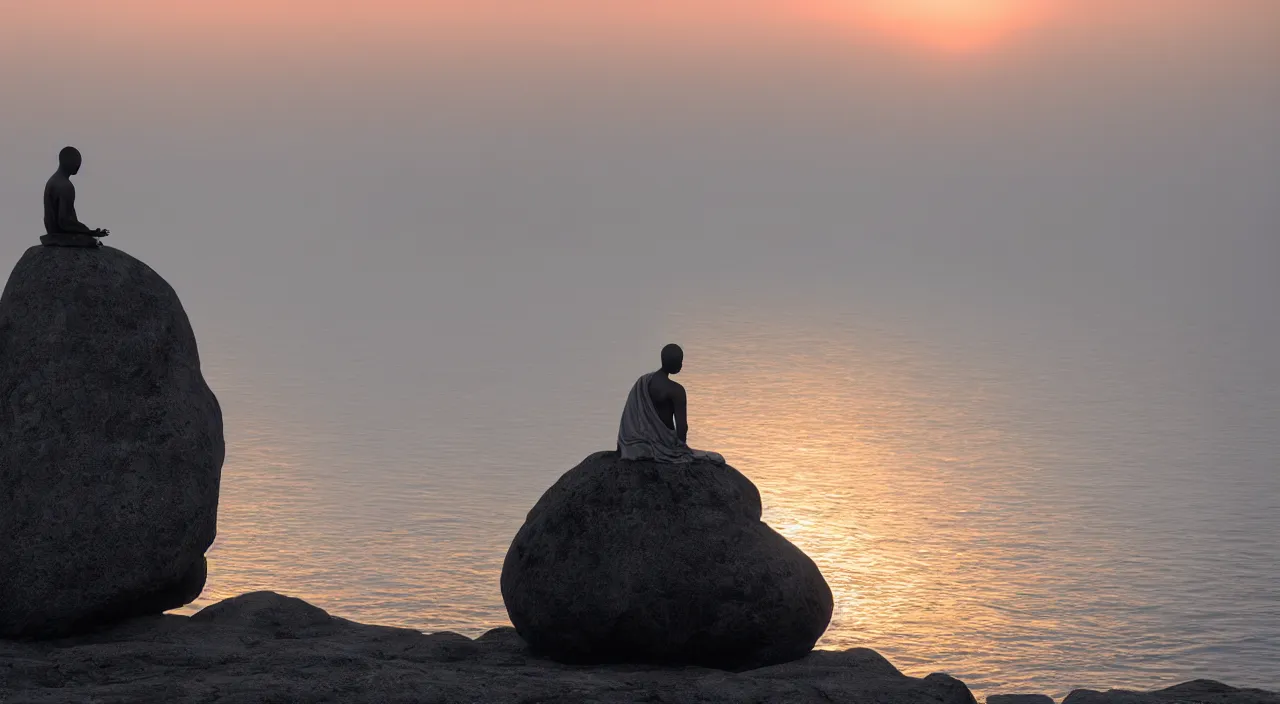 Image similar to a lonely silhouette of a meditating monk sitting in the fog on a stone protruding from the water in the rays of the morning sun, in the style of matthew snowden, 8 k resolution,