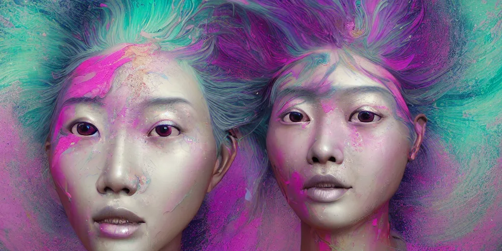 Image similar to a portrait of a very beautiful young asian goddess with pink and grey hair radiating an artwork made of swirling paint and impasto by wlop and lee griggs, background is multicoloured volumetric displacement, hyperrealism, subsurface scattering, arnold render, noise to volume, 8 k, houdini, xparticles