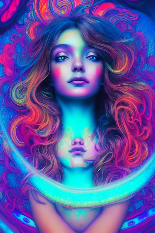 Prompt: a gorgeous girl engulfed in colorful liquid clouds and neon smoke, extremely psychedelic experience, psilocybin, dmt, lsd face, highly detailed, artstation, concept art, blue background, digital art by hana yata, and artem demura and beeple, alphonse mucha, octane render, unreal engine, 8 k