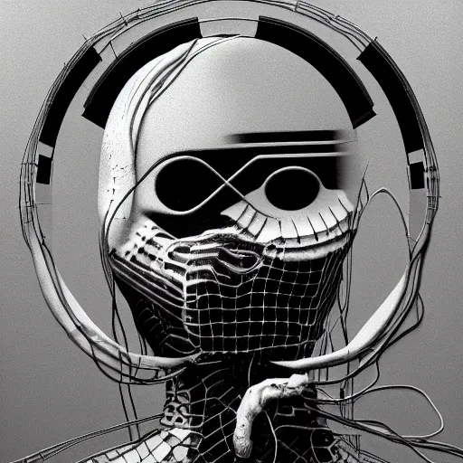 Prompt: !dream darksynth, techno mutant standing in a constructivist room with blank walls connected by wires and cords to a toad's head, Hand Screen Printed, by Jason Galea, by H.R. Giger, rendered in blender, ultra realistic, smooth shading, ultra detailed, high resolution, cinematic