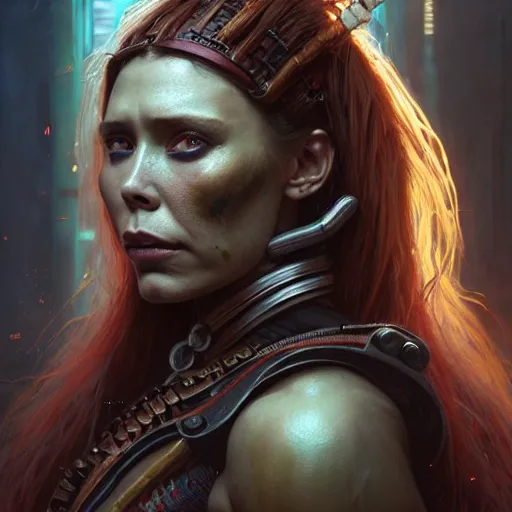 Image similar to portrait painting of a cyberpunk orc shaman extremely muscular ugly elizabeth olsen, ultra realistic, concept art, intricate details, eerie, highly detailed, photorealistic, octane render, 8 k, unreal engine. art by artgerm and greg rutkowski and charlie bowater and magali villeneuve and alphonse mucha