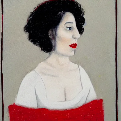 Image similar to portrait of a woman wearing white and red, by leslie thrasher