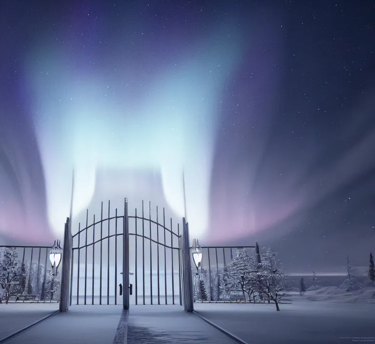 Image similar to a very detailed concept art of intricate and scandinavian white gates to aurora borealis, trending on artstation, symmetry, digital art, 4 k, hyper realistic, octane render, sharp focus