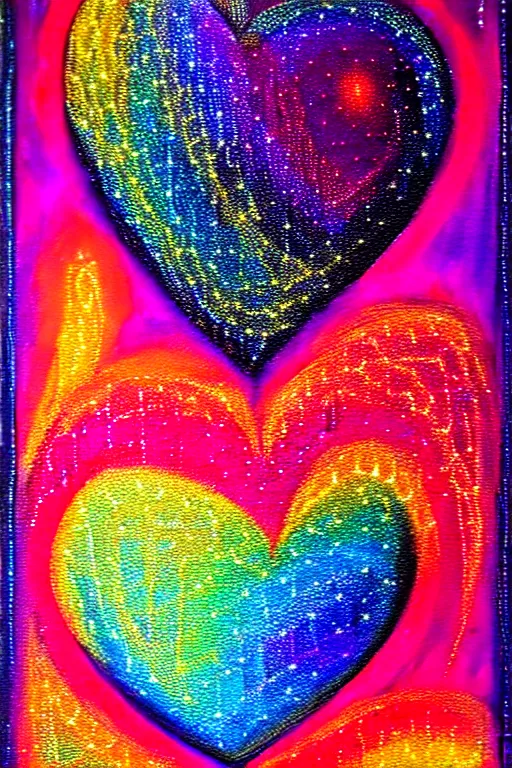 Prompt: A concept of Melancholic Euphoric heartshine in the crush of oblivion, a heart burning fiercely into a new essence. The vibrancy of nouveau is gilded with hollow-wishes. Trending on ArtStation. Vivid Neon Acrylic Metallic Acid-Dipped Painting. A mismatched grid of fate-stitched-patchwork memories.