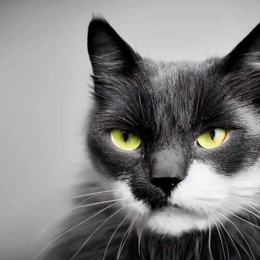 Image similar to fluffy black and white cat portrait, dilated pupils, white fur under eyes, aesthetic highly detailed soft fur, professionally shot photorealistic 8k photograph, 35mm Canon EOS R3, rendered in octane, by Natalie Große and Jason Allison