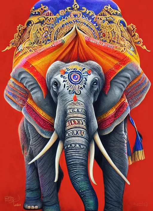 Image similar to portrait of ethereal elephant with indian flag colors painted on its face, intricate detail, ornate, conceptual art, soft light, dynamic, art by artgerm