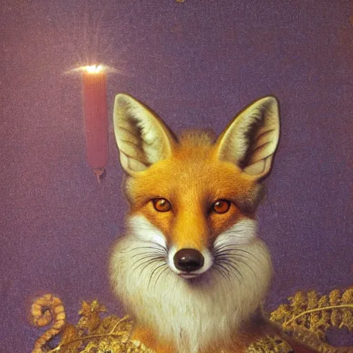 Image similar to hyperrealistic detailed candle fox in baroque painting, lights, art by ernst haeckel, john william godward, hammershøi, alphons mucha, pontormo, ornamental, decorative, art nouveau wallpaper, lights by hopper, pastel deep colours,