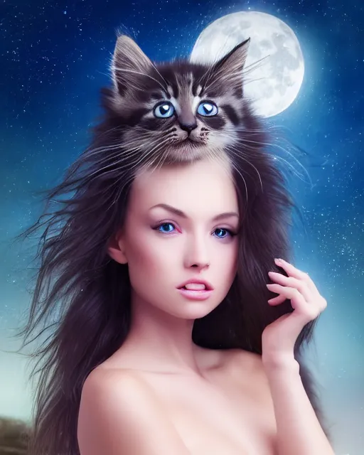 Image similar to a kitten on a rocket, photo, ultra detail, photoreal, professionally retouched, soft moonlight lighting, shiny plastic bikini, realistic, smooth face, goddess, luscious lips, perfect eyes, wide angle, sharp focus on eyes, 8 k high definition, insanely detailed, intricate, elegant, art by artgerm and wlop