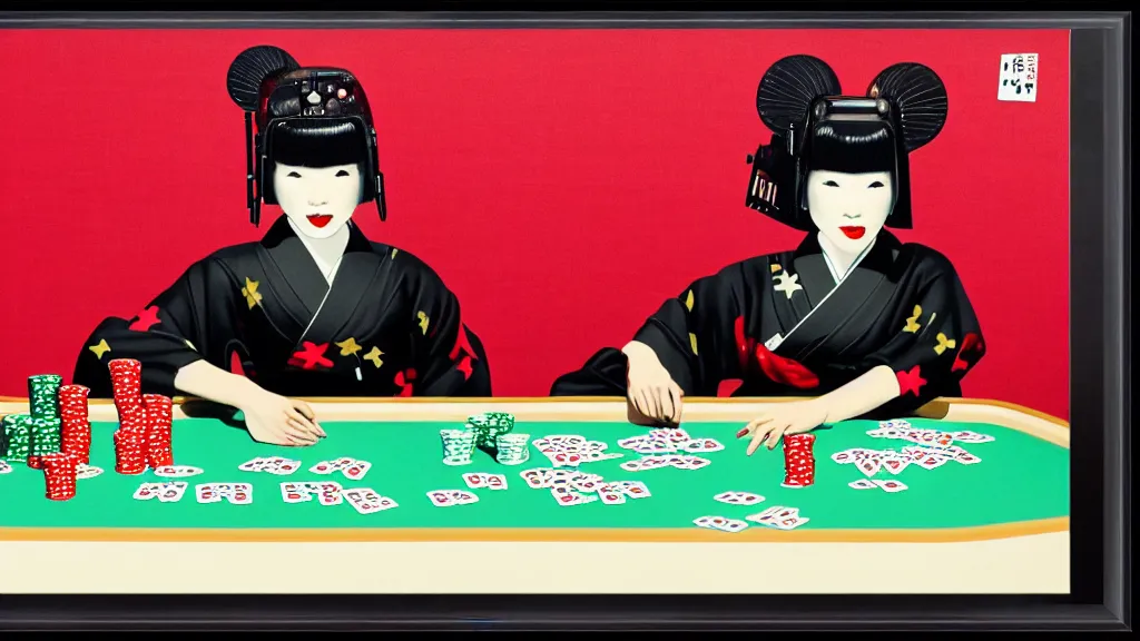 Image similar to woman in a black japanese kimono, sitting at an extremely detailed poker table with the boba fett, sake on the table, fireworks and stars on the background, by andy warhol, by roy liechtestein, canvas, acrylic paint, ivory palette, 4 k, ultra - hd