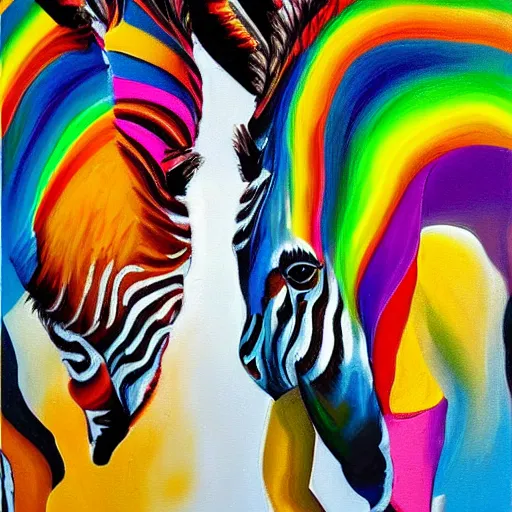 Prompt: two zebras front and back, abstract oil painting in rainbow colors