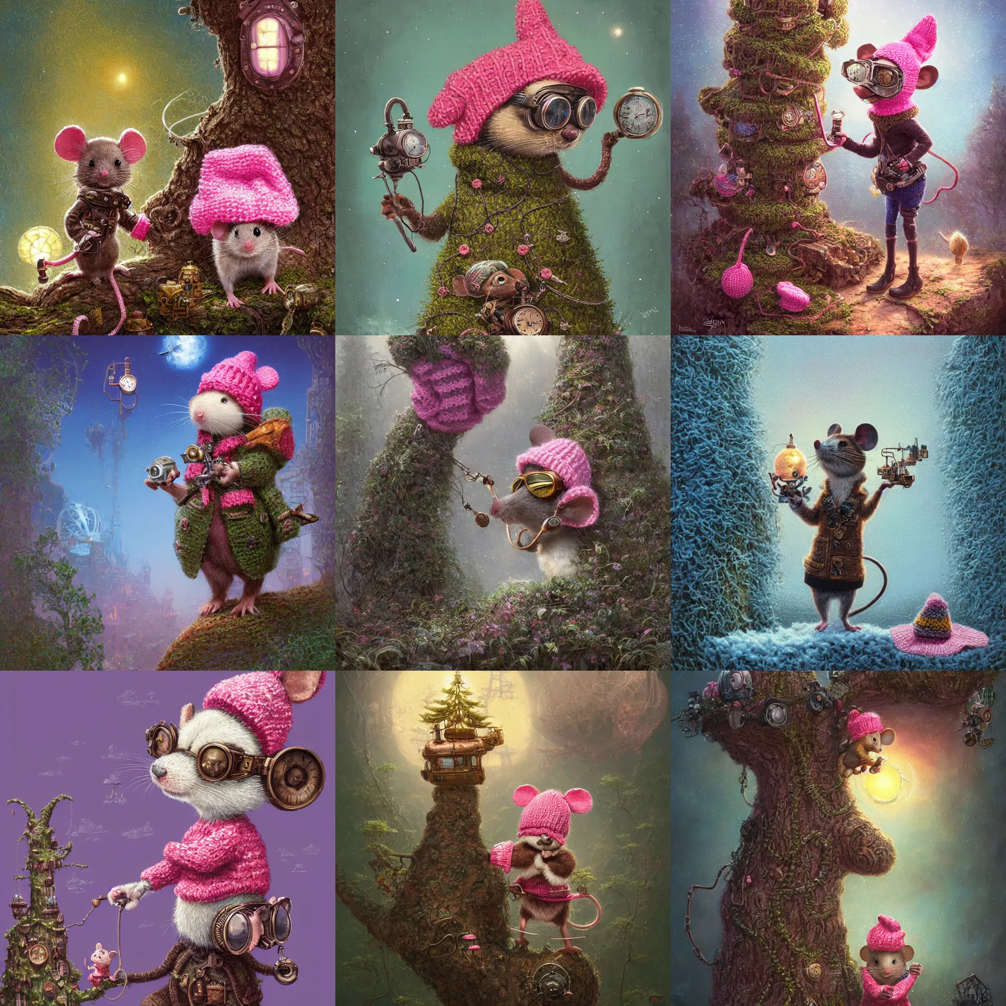 Prompt: cute little mouse with a pink knitted hat wearing steampunk goggles and standing against an intricate detailed tree james gurney, dan luvisi, Petros Afshar, tim hildebrandt, liam wong, Mark Riddick, thomas kinkade, ernst haeckel, dan mumford, trending on artstation