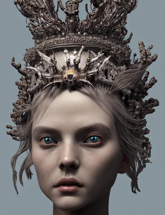 Image similar to symmetrical, centered, zbrush sculpt of goddess close-up portrait wigh crown made of skulls. phoenix betta fish, phoenix, bioluminiscent creature, super intricate ornaments artwork by Tooth Wu and wlop and beeple and greg rutkowski