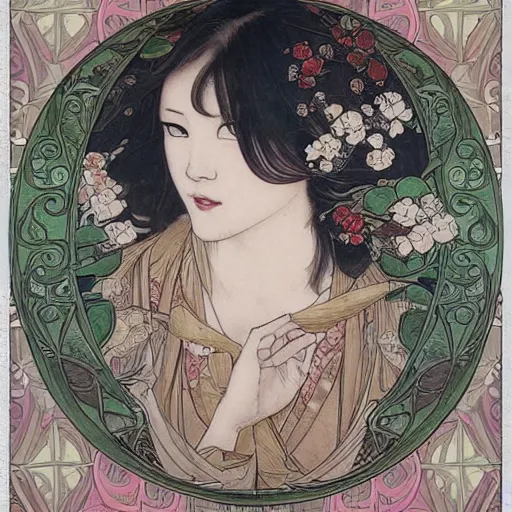 Image similar to anri okita, mucha style,