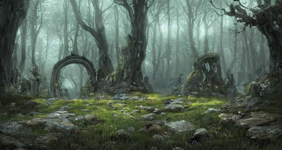 Prompt: Beautiful uplifting glade bg. Elven stone monuments along the pristine well-maintained pathway. Mysterious stone monuments. J.R.R. Tolkien's Middle-Earth. Trending on Artstation. Digital illustration. Artwork by Darek Zabrocki and Sylvain Sarrailh. Concept art, Concept Design, Illustration, Marketing Illustration, 3ds Max, Blender, Keyshot, Unreal Engine, ZBrush, 3DCoat, World Machine, SpeedTree, 3D Modelling, Digital Painting, Matte Painting, Character Design, Environment Design, Game Design, After Effects, Maya, Photoshop.