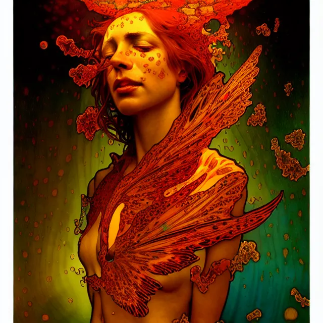 Image similar to psychedelic transcendent freckled face mind bending psychedelic wings of glossy liquid honey flowing like kaleidoscopic translucent amber, lsd feathers, honey wind, enlightenment, high contrast dappled lighting, refracted sunset, highly detailed, concept art, art by collier, albert aublet, krenz cushart, artem demura, alphonse mucha