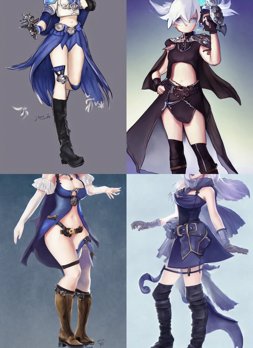 Prompt: female alchemist with short blue hair wearing a short dress, stockings, leather boots and cape, character art from Bravely Default 2, jRPG character art, digital art, full body, high quality,