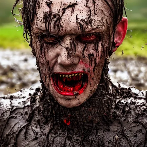 Image similar to 8 k photo of a horror villain stuck in mud, he is sad that his dark clothes are muddy.