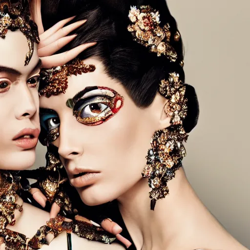 Prompt: close up of face of fashion model with dress, official dolce and gabbana editorial, highly detailed