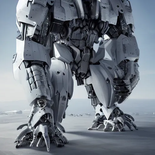 Image similar to huge full body white metalic gorilla mecha, with gorilla face, futuristic dystopian, mean, evil, isolated, with tiny human beside, ambient occlusion, 8k render, cg render, hyper real, realistic, octane