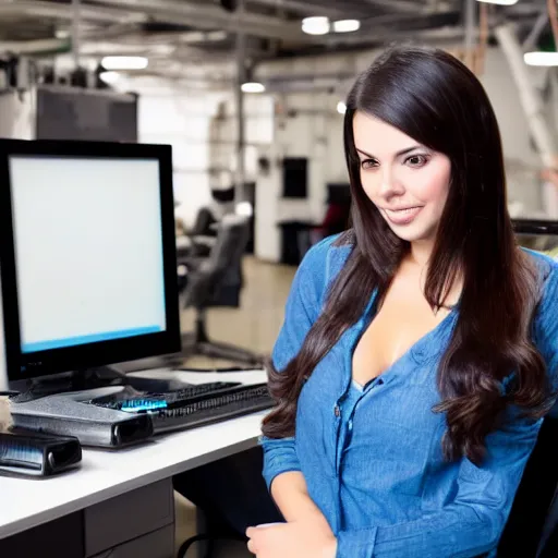 Prompt: photo of a sexy brunette female hardware engineer working on her computer