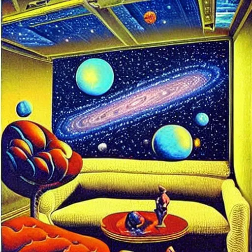 Image similar to psychedelic trippy couch in background in space, planets, milky way, sofa, cartoon by rob gonsalves and salvador dali