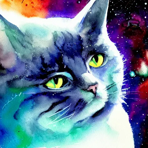 Image similar to cat, virus, antibodies in space. watercolor. amazing painting. high resolution. highly realistic. cool tones. close - up. 8 k. trending on artstation.