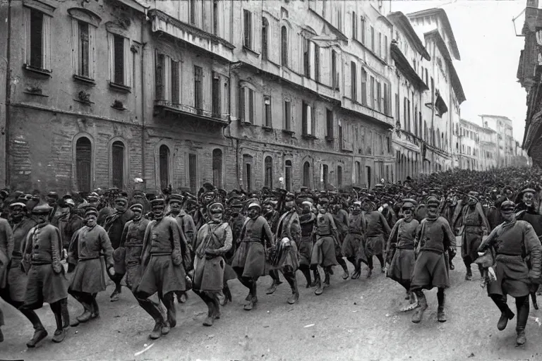 Prompt: occupying army marching through italian - style city, 1 9 0 5, black and white photography