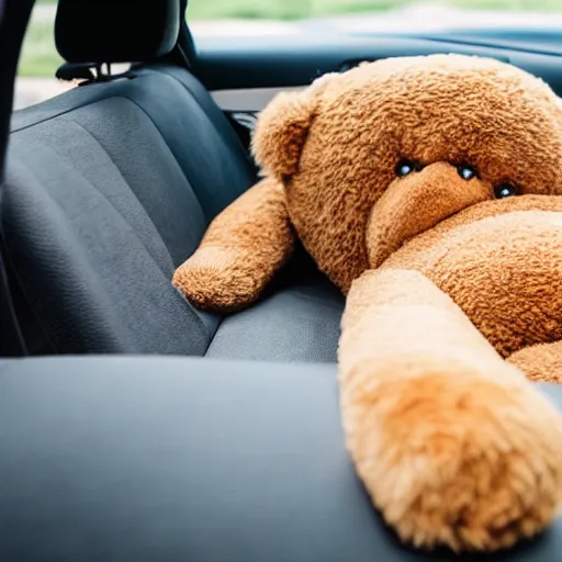 Image similar to a photo of a goldendoodle sleeping on the backseat of a car with a teddy bear next to it
