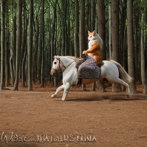 Image similar to cat riding a horse through a forest