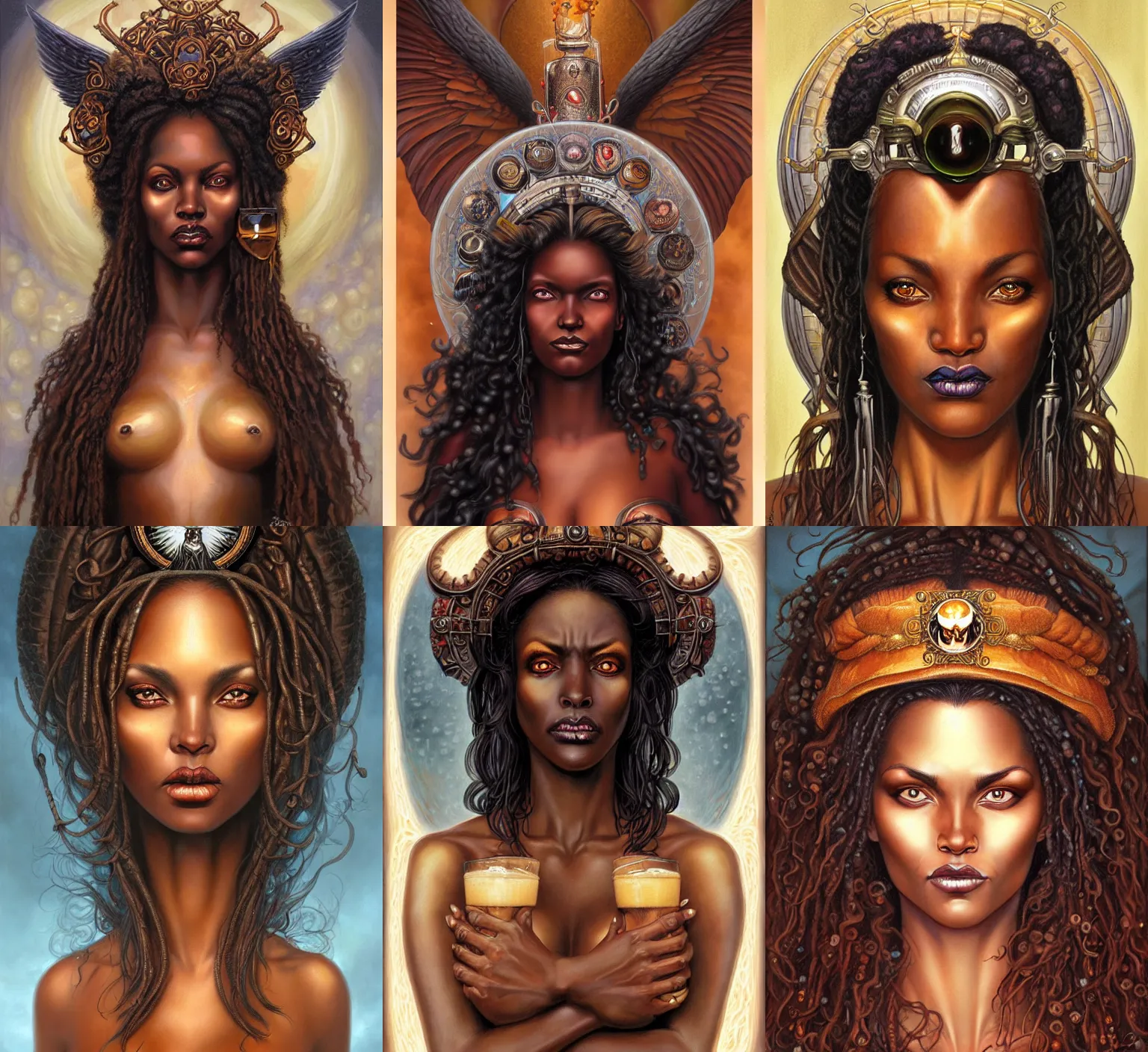 Image similar to stunning goddess of beers portrait, clear eyes and dark skin. realistic, symmetrical face. art by bowater charlie, mark brooks, julie bell, arian mark, tony sandoval