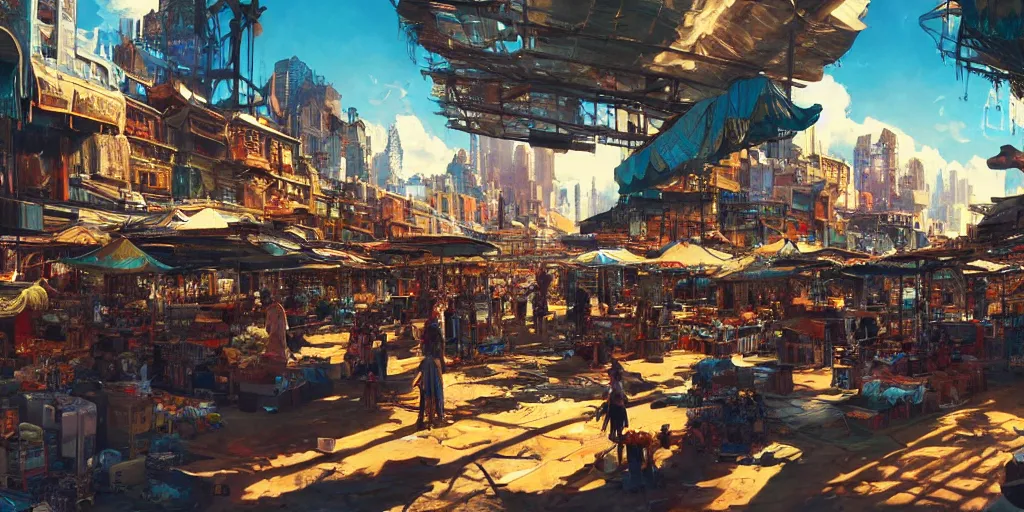 Prompt: screenshot of a vibrant marketplace in a massive makeshift city, dappled light, colossal arcing metal structures high in the sky, beautiful, awe inspiring, fps, sparth, mucha, cinematography, cinematic masterpiece