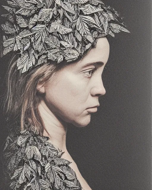 Prompt: a woman's face in profile, wearing a vintage motorcycle helmet made of sweeping intricate delicate leaf skeleton, in the style of the dutch masters and gregory crewdson, dark and moody