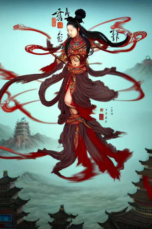 Image similar to nezha flies around swiftly on his wind flame circles in ruin chinese city, masterpiece, chinese mythology, top view, cinematic, fantasy character portrait, highly detailed, by new gods : nezha reborn, nezha : birth of the demon child, ne zha from smite, trending on artstation, concept art, flame everywhere,